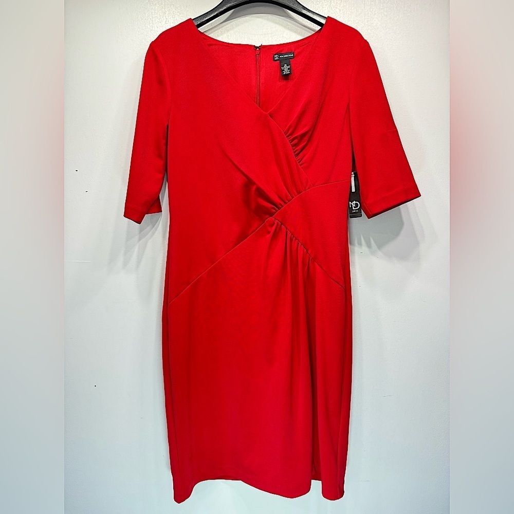 Red Dress by New Directions Half Sleeve Patchwork Pleated Front Form Fitting